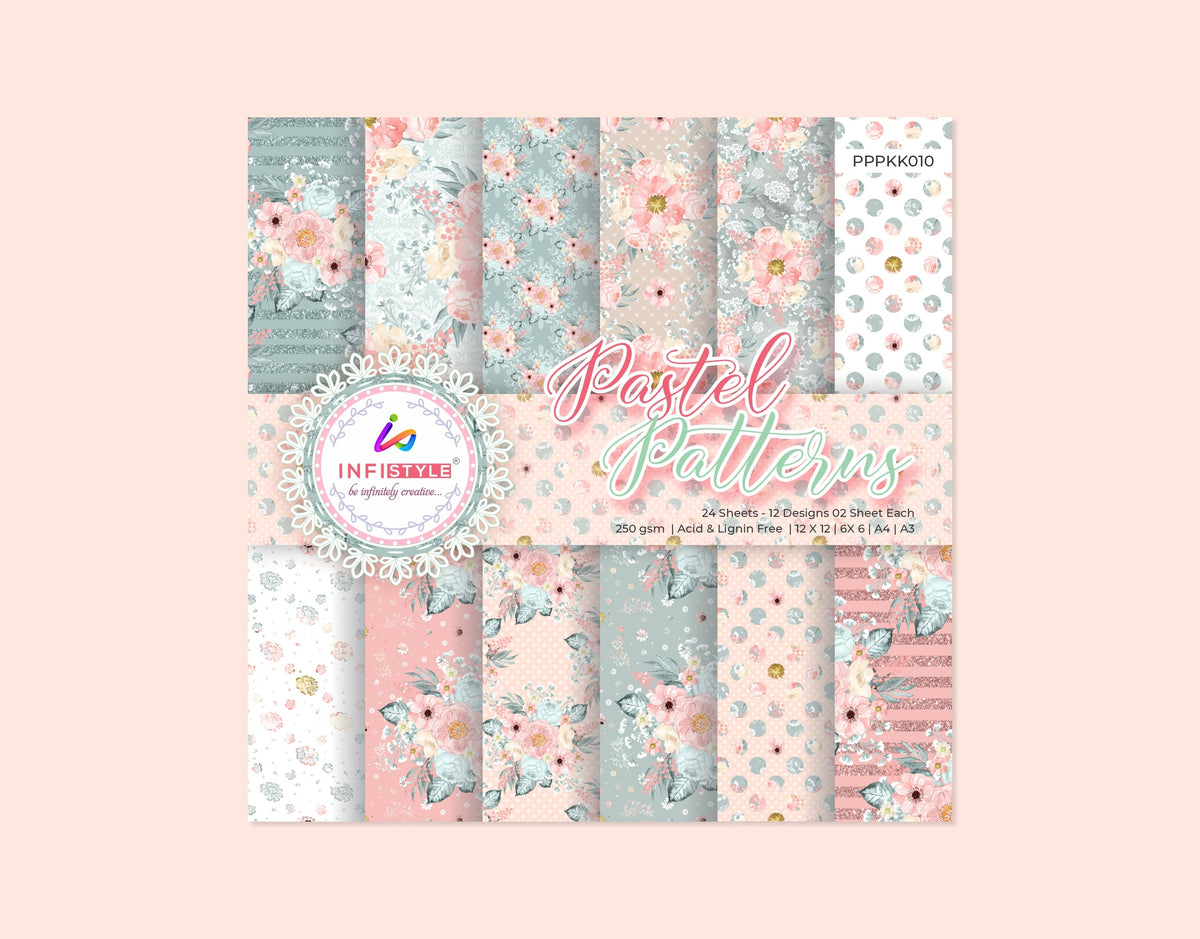 Pastel Paper Pattern Pack of 24 Sheet Flowers Stripes Pink packaging