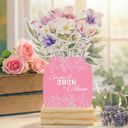Customized 2026 Calendar for Desk – Floral Vase & Wooden Stand