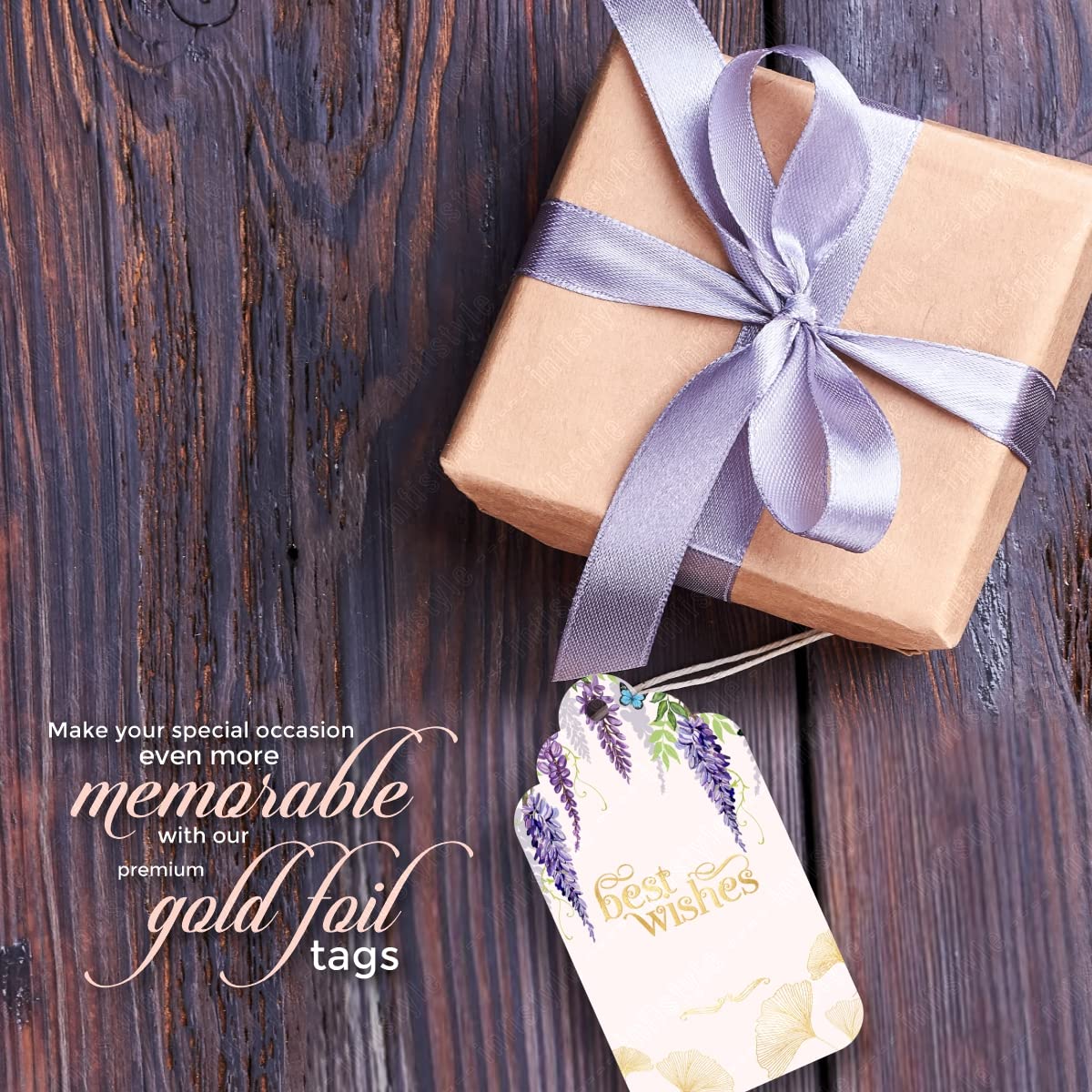 Customised Best Wishes Tags Gold Foil Tags Premium Violet Elegance front view