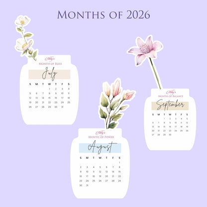 Customized 2026 Calendar for Desk – Floral Vase & Wooden Stand