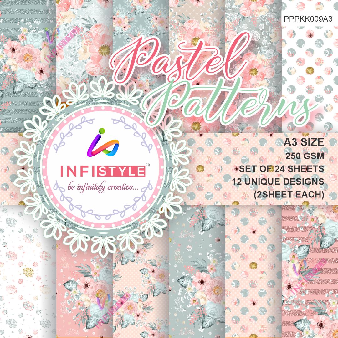 Pastel Paper Pattern Pack of 24 Sheet Flowers Stripes Pink size and dimensions