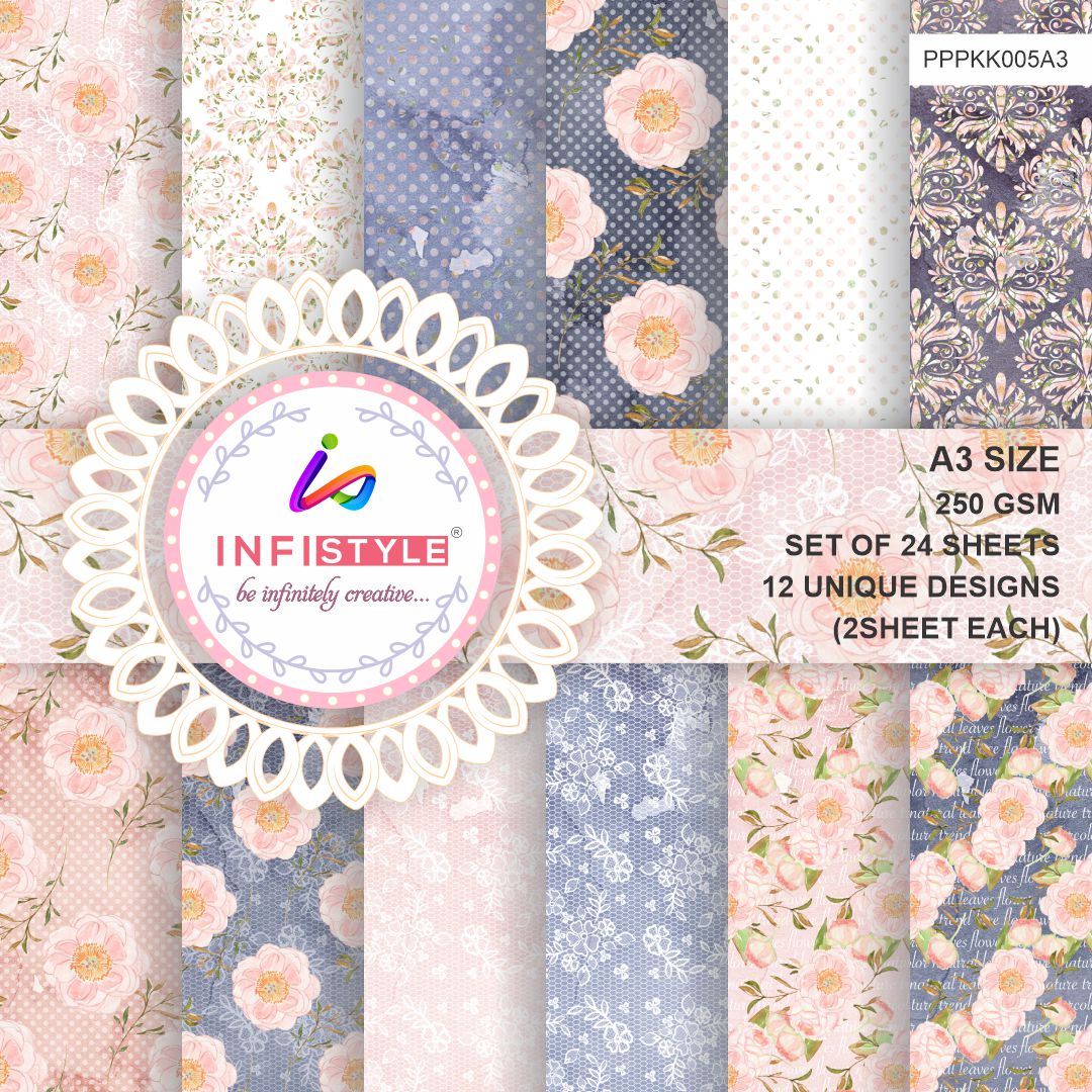 Pastel Pattern Paper 250 GSM Pack of 24 Vintage Florals size and dimensions