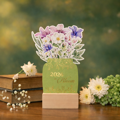 Customized 2026 Calendar for Desk – Floral Vase & Wooden Stand