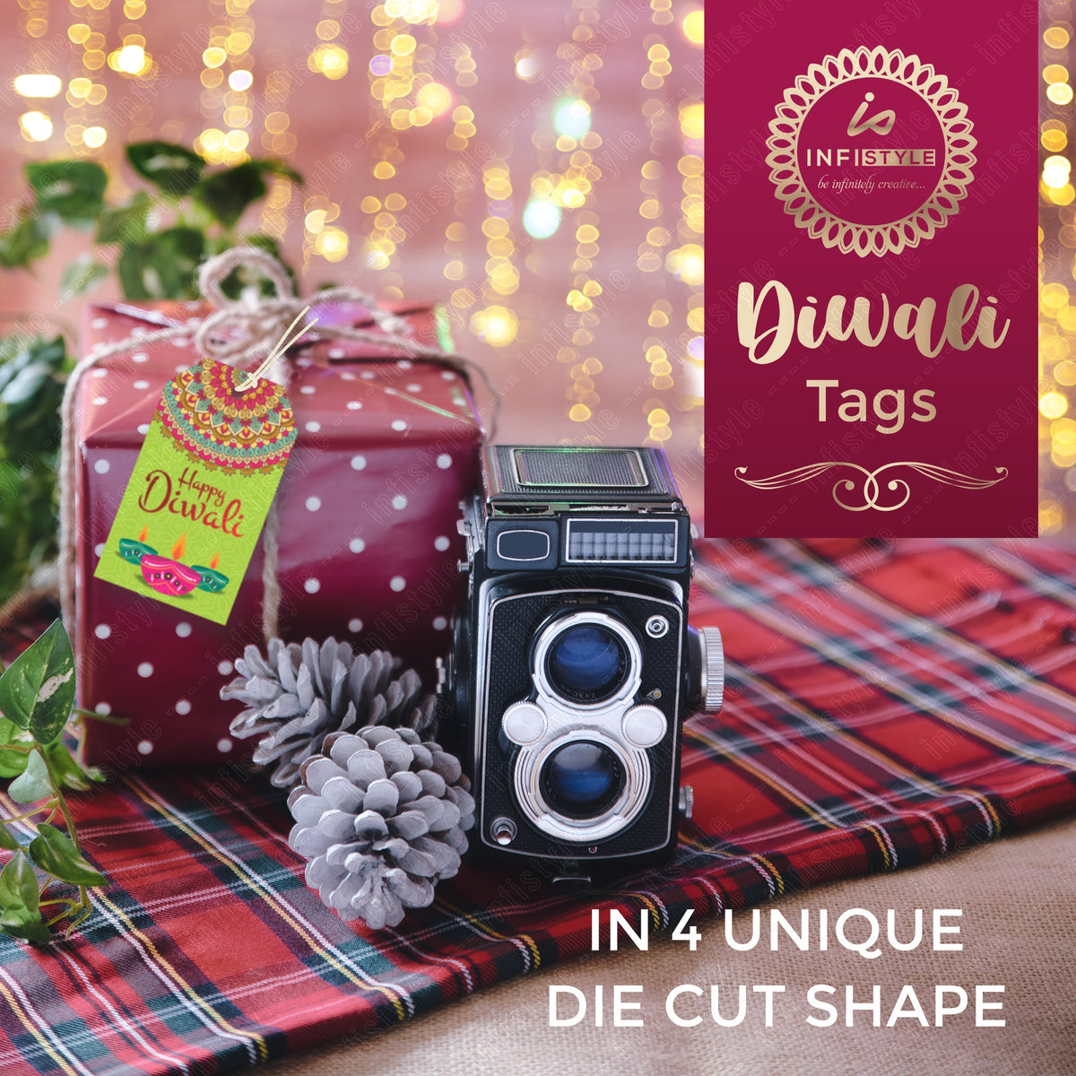 Happy Diwali Die Cut Shape 4 Gift Tags styled flat lay