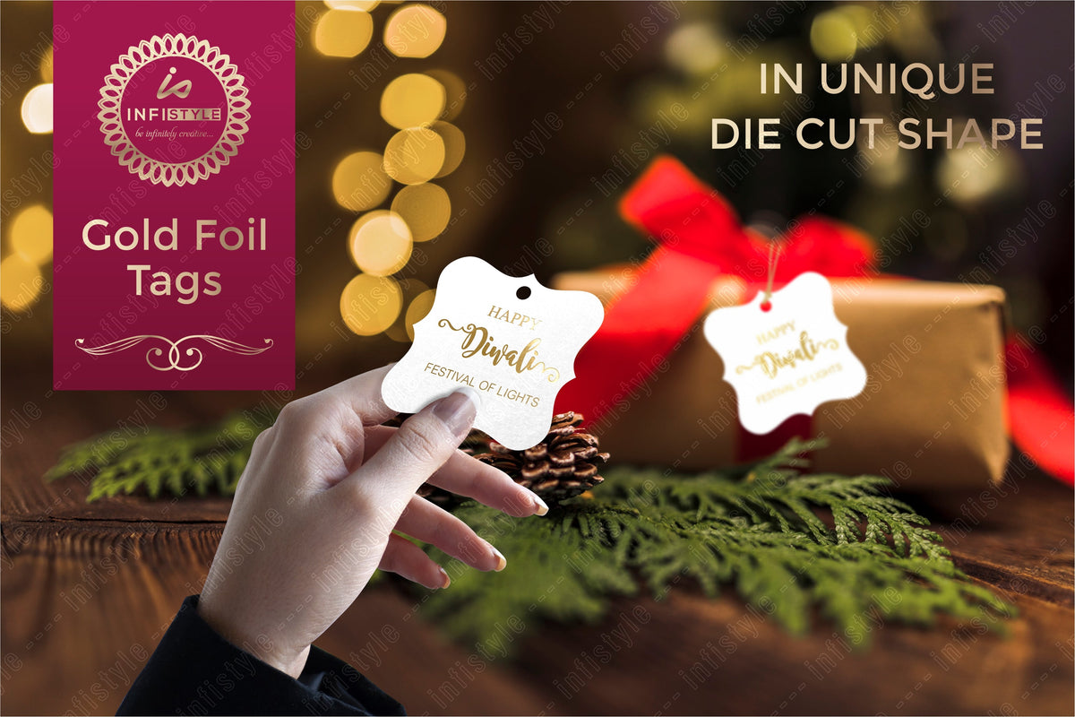 Happy Diwali Gold Foil Gift Tags Golden Elegance design close-up