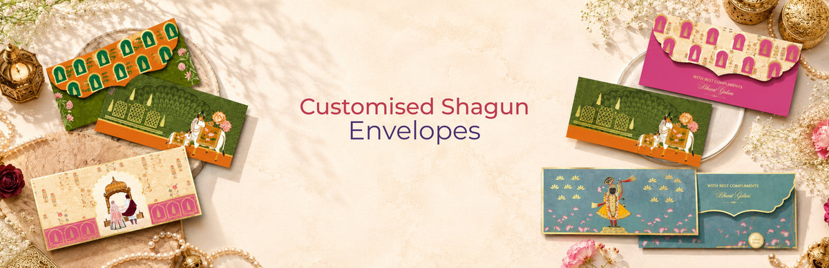 Gold foil shagun and money envelopes personalized with custom names