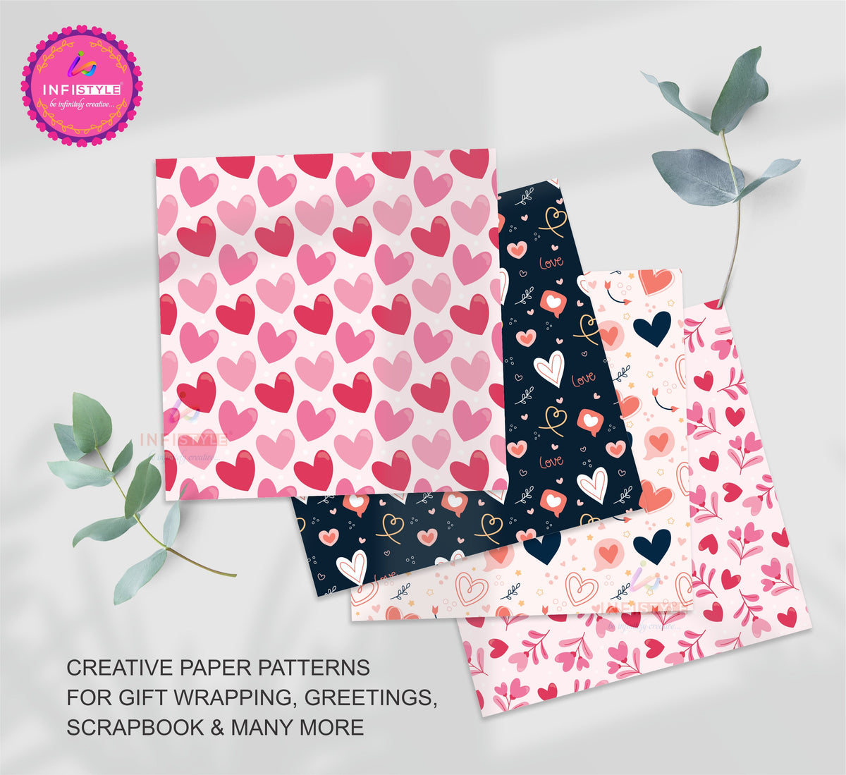 Scrapbooking Craft Paper Pack of 24 Pattern Love Theme styled flat lay