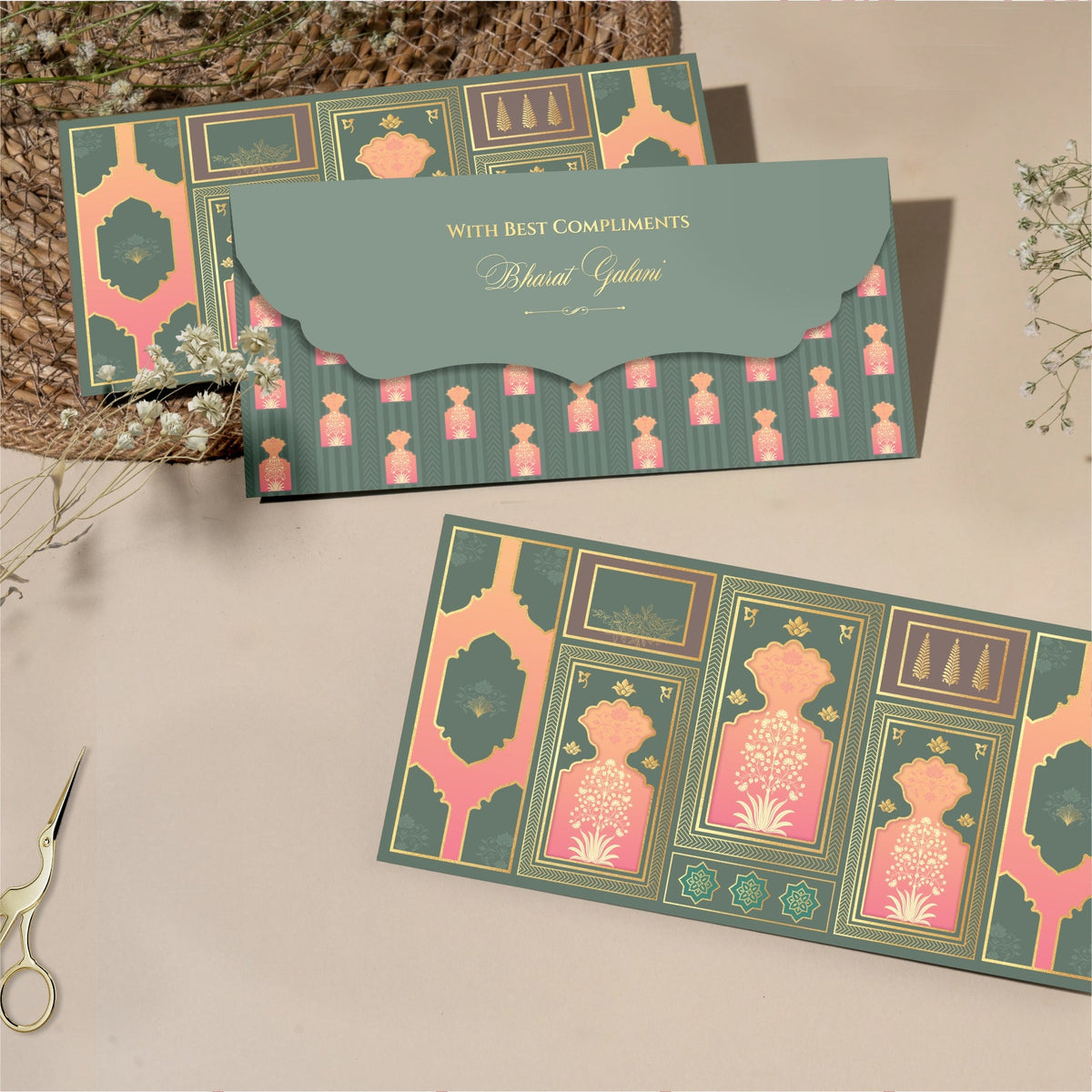 Luxury Money Envelope Olive Coral Motif