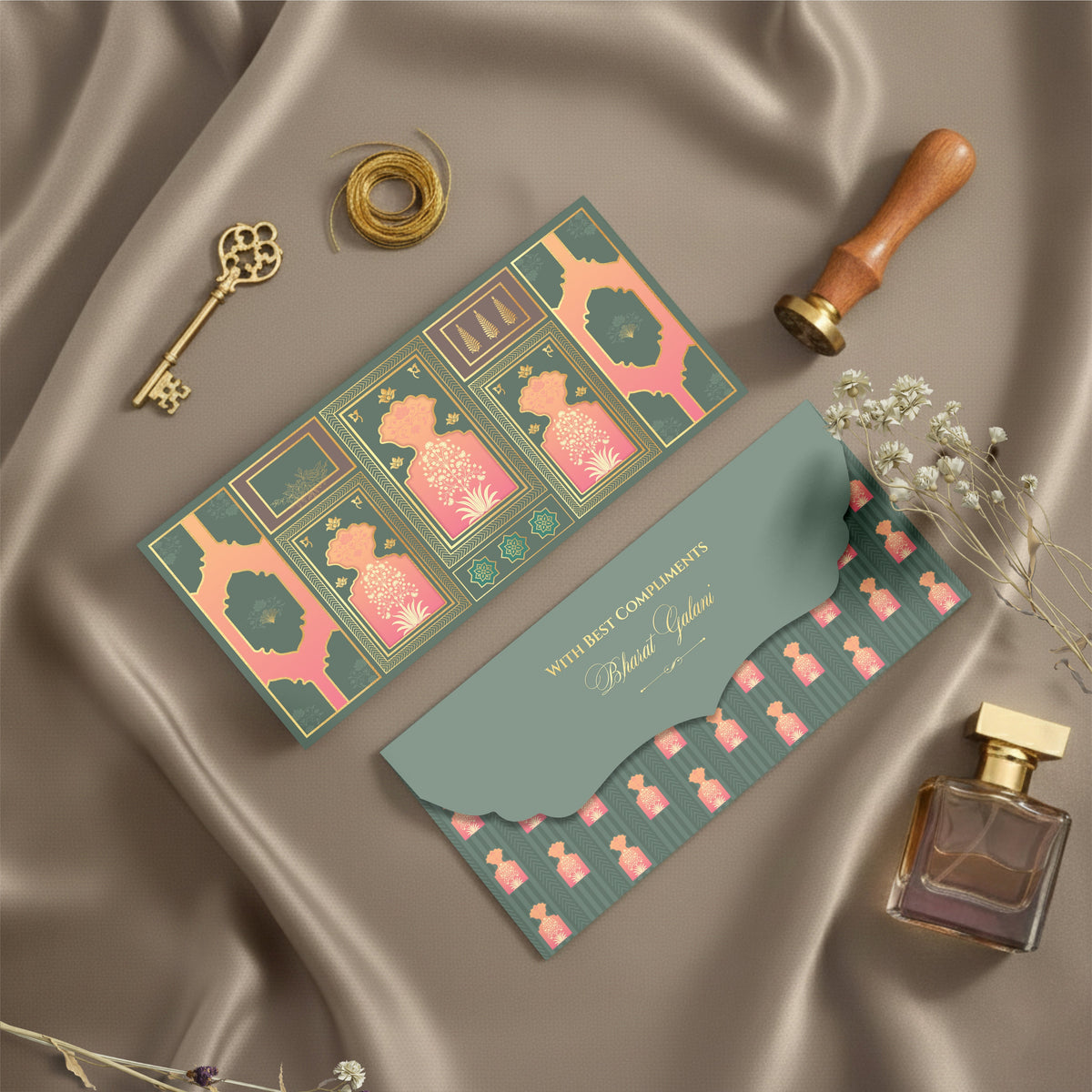 Luxury Money Envelope Olive Coral Motif front view