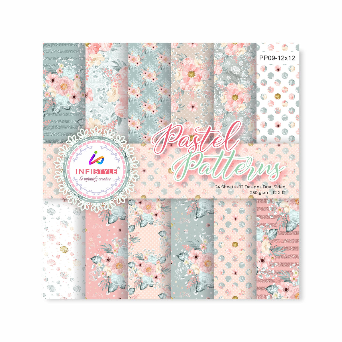 Pastel Paper Pattern Pack of 24 Sheet Flowers Stripes Pink reverse side