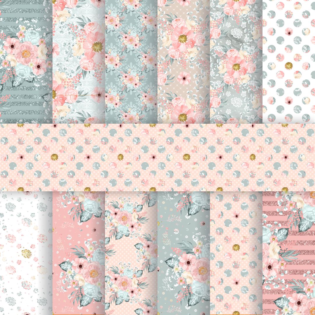 Pastel Paper Pattern Pack of 24 Sheet Flowers Stripes Pink styled flat lay