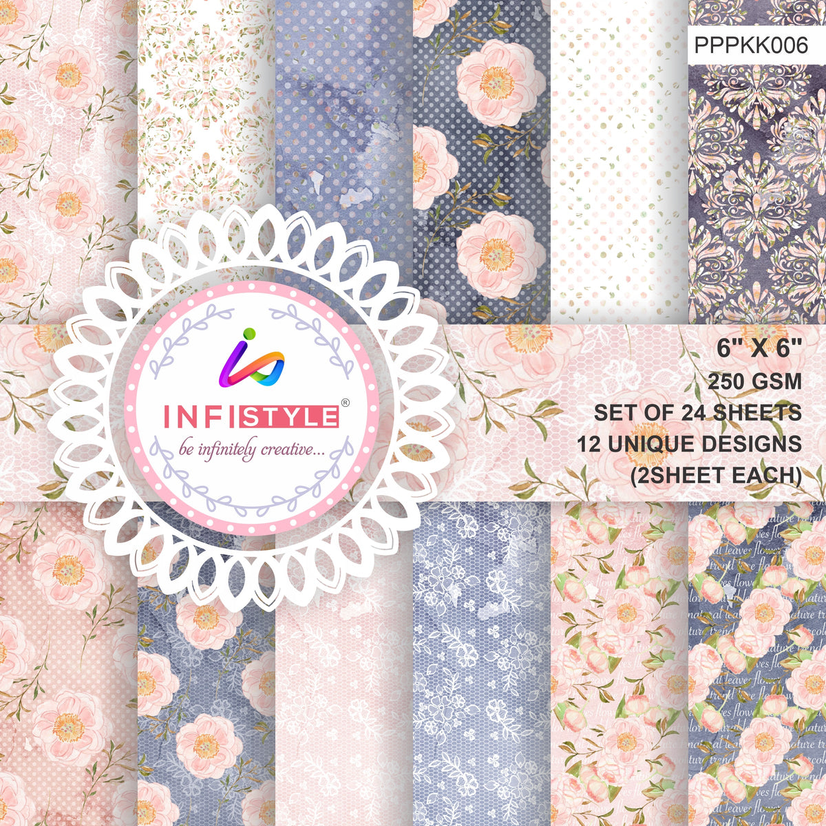 Pastel Pattern Paper 250 GSM Pack of 24 Vintage Florals reverse side