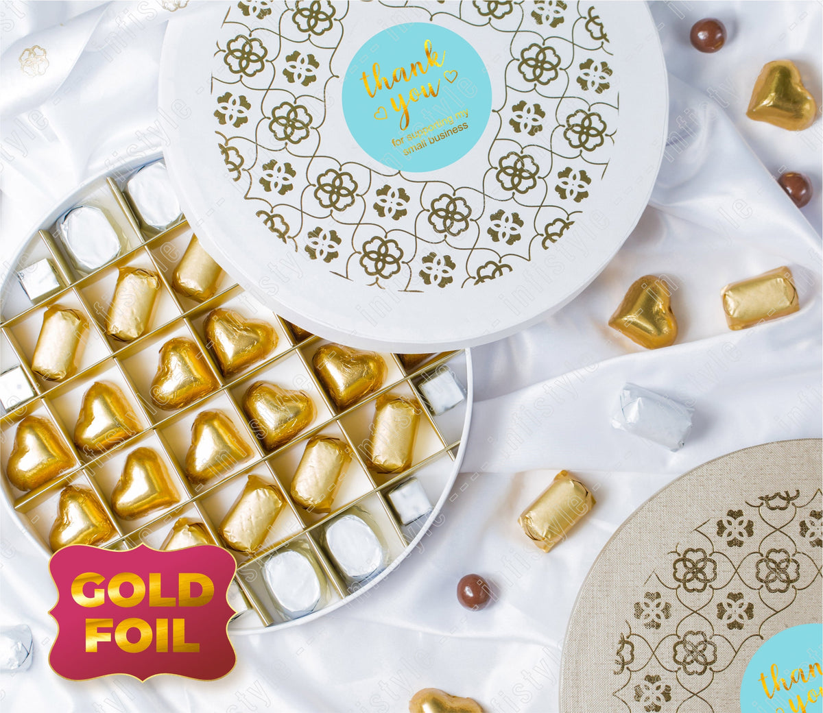 Gold Foil 1x1 inch Thank You Stickers front view