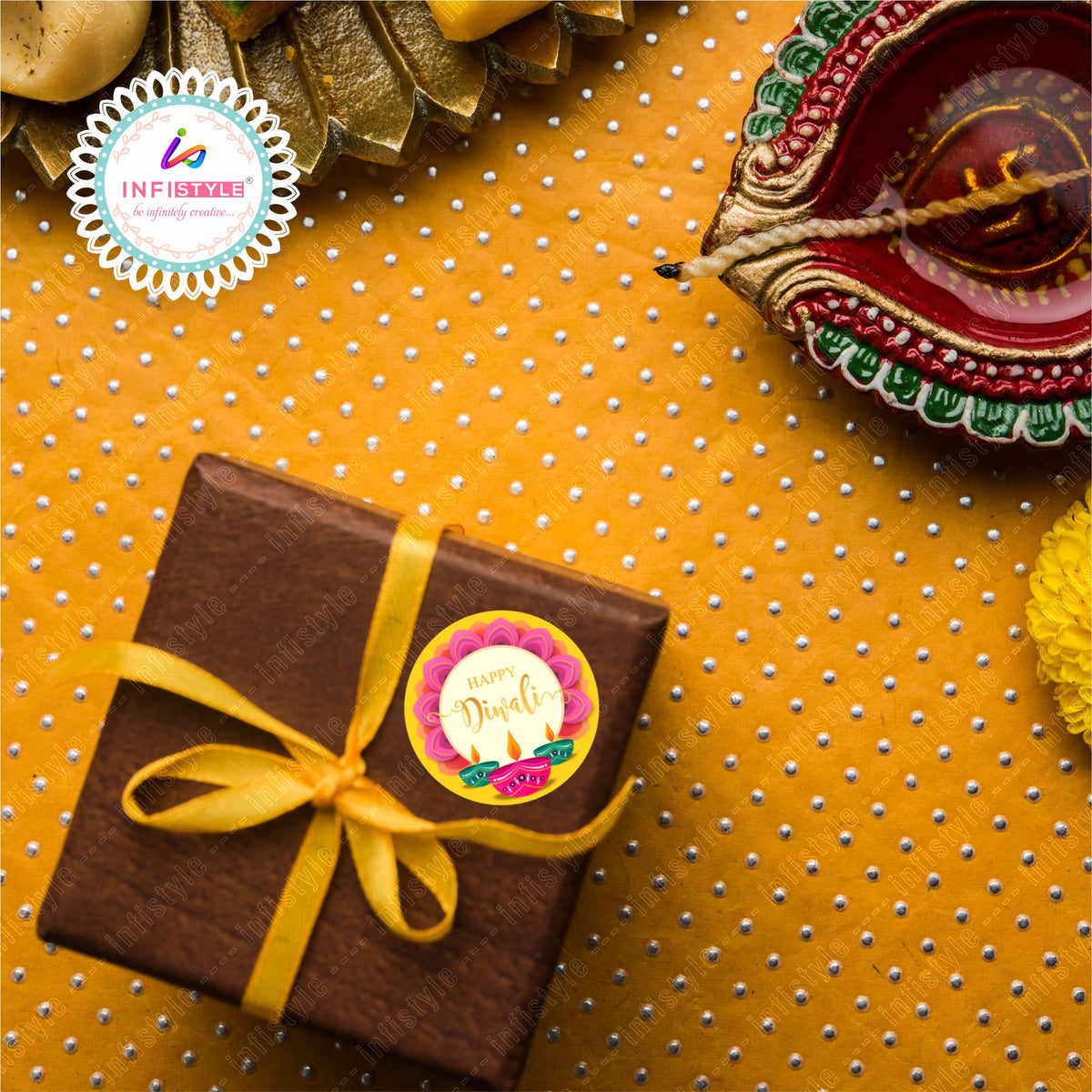 Happy Diwali Stickers for Gifts styled flat lay