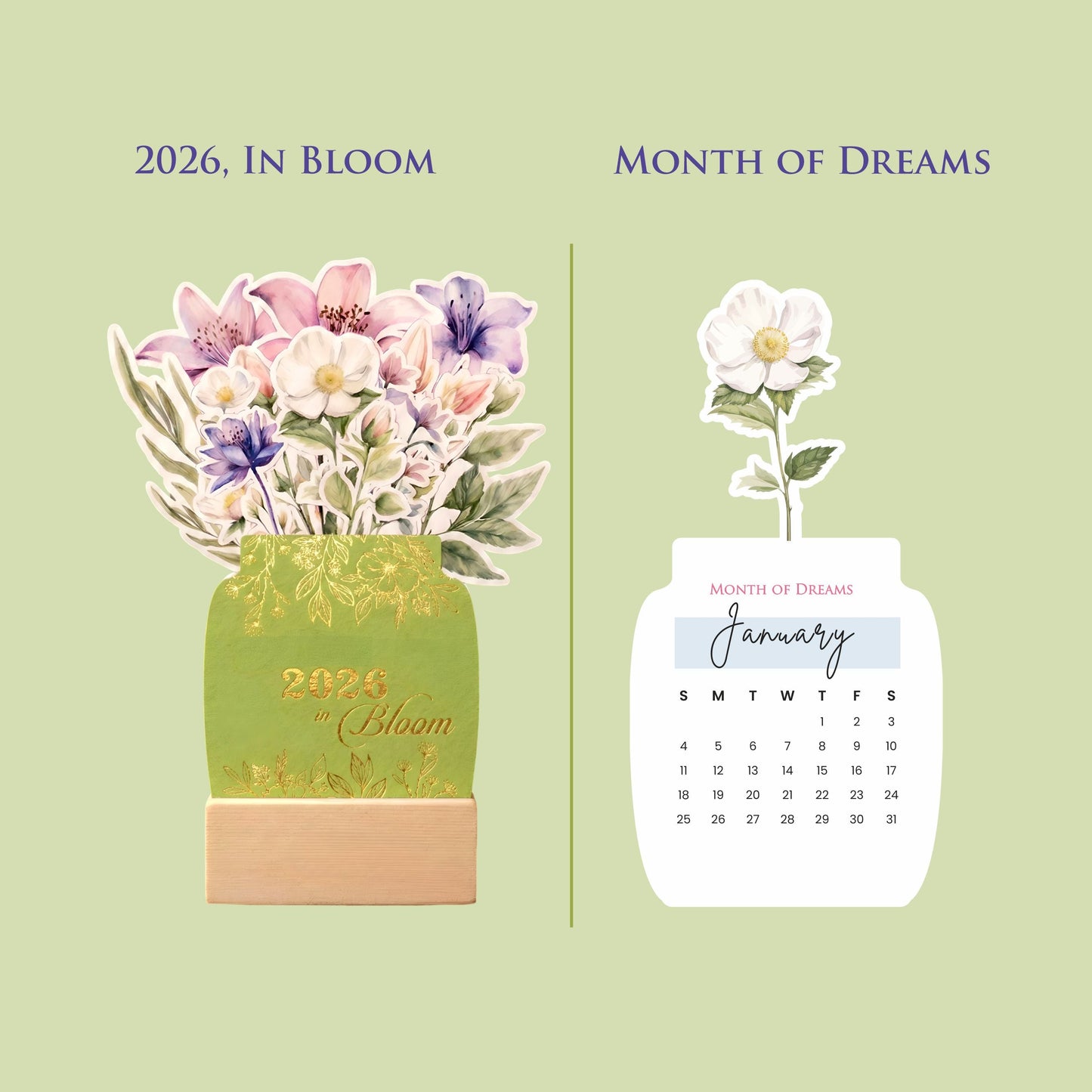 Customized 2026 Calendar for Desk – Floral Vase & Wooden Stand