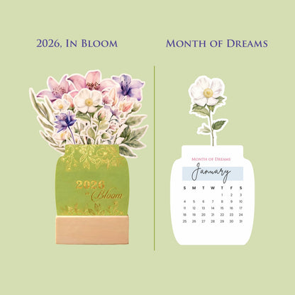 Customized 2026 Calendar for Desk – Floral Vase & Wooden Stand