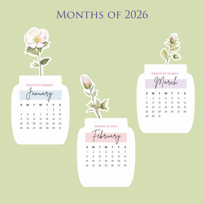 Customized 2026 Calendar for Desk – Floral Vase & Wooden Stand