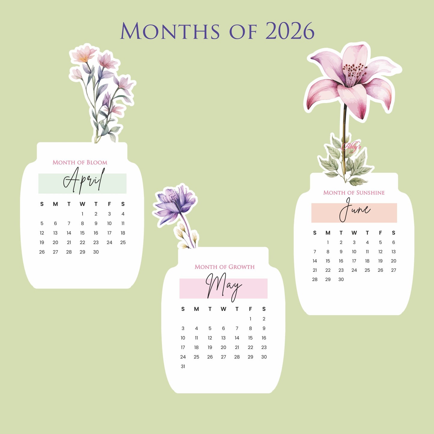 Customized 2026 Calendar for Desk – Floral Vase & Wooden Stand