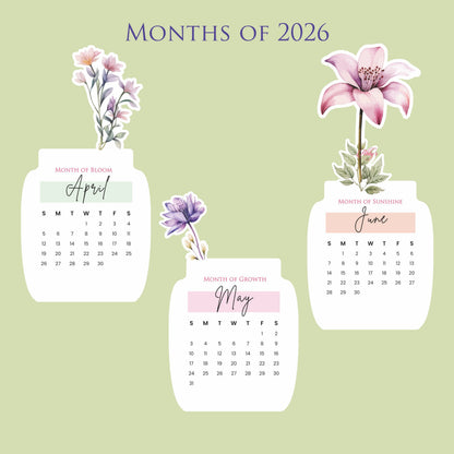 Customized 2026 Calendar for Desk – Floral Vase & Wooden Stand