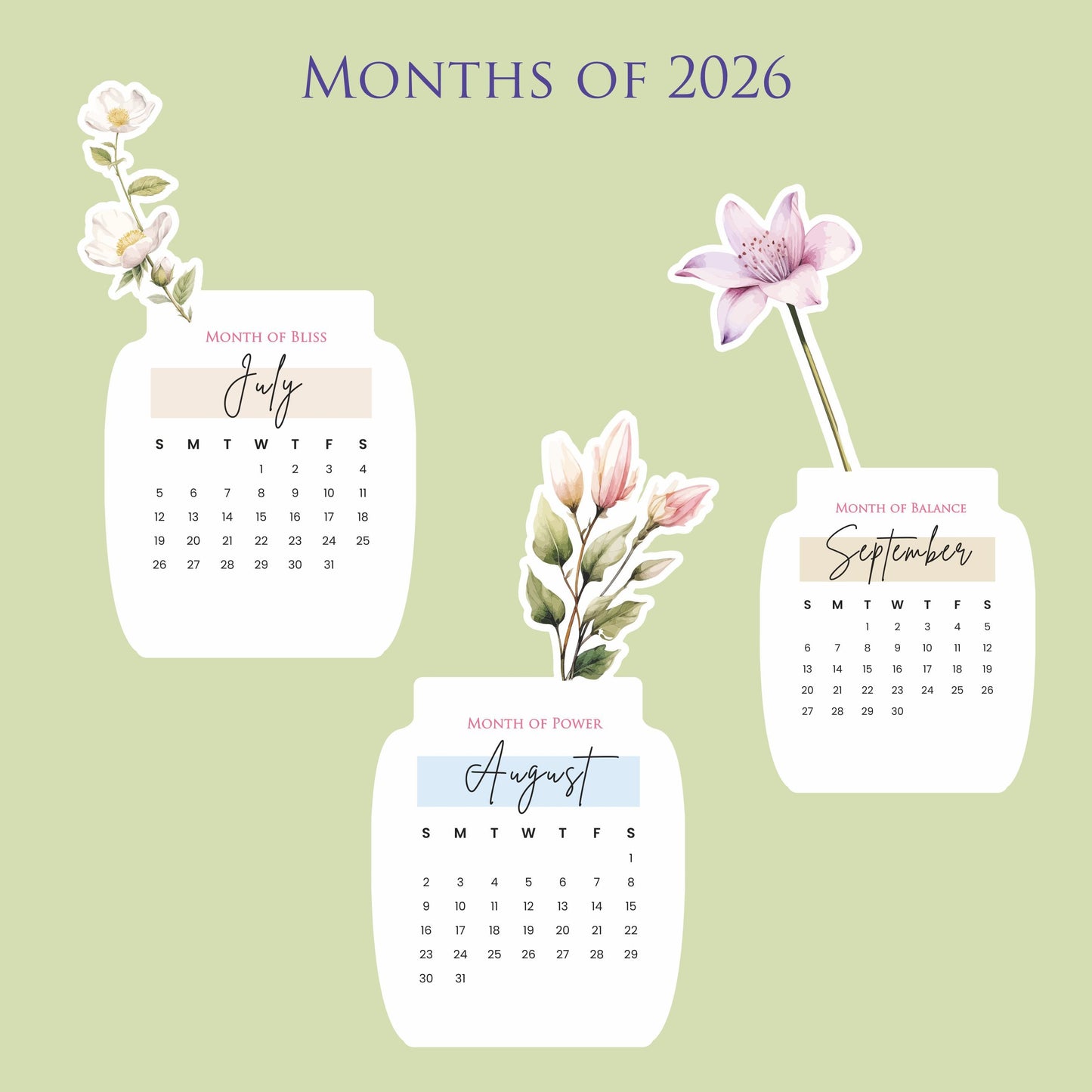 Customized 2026 Calendar for Desk – Floral Vase & Wooden Stand