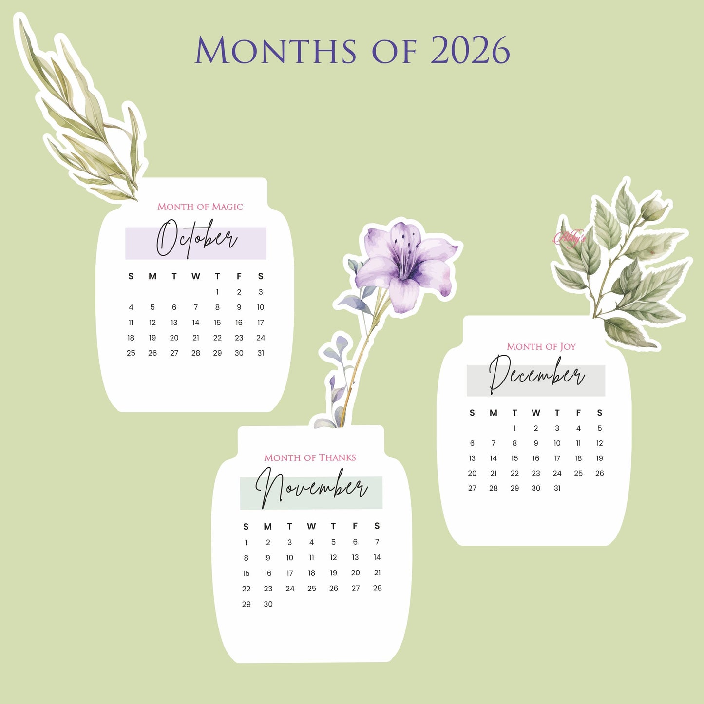 Customized 2026 Calendar for Desk – Floral Vase & Wooden Stand
