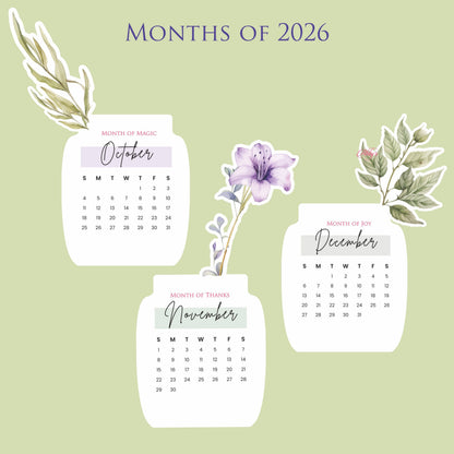 Customized 2026 Calendar for Desk – Floral Vase & Wooden Stand