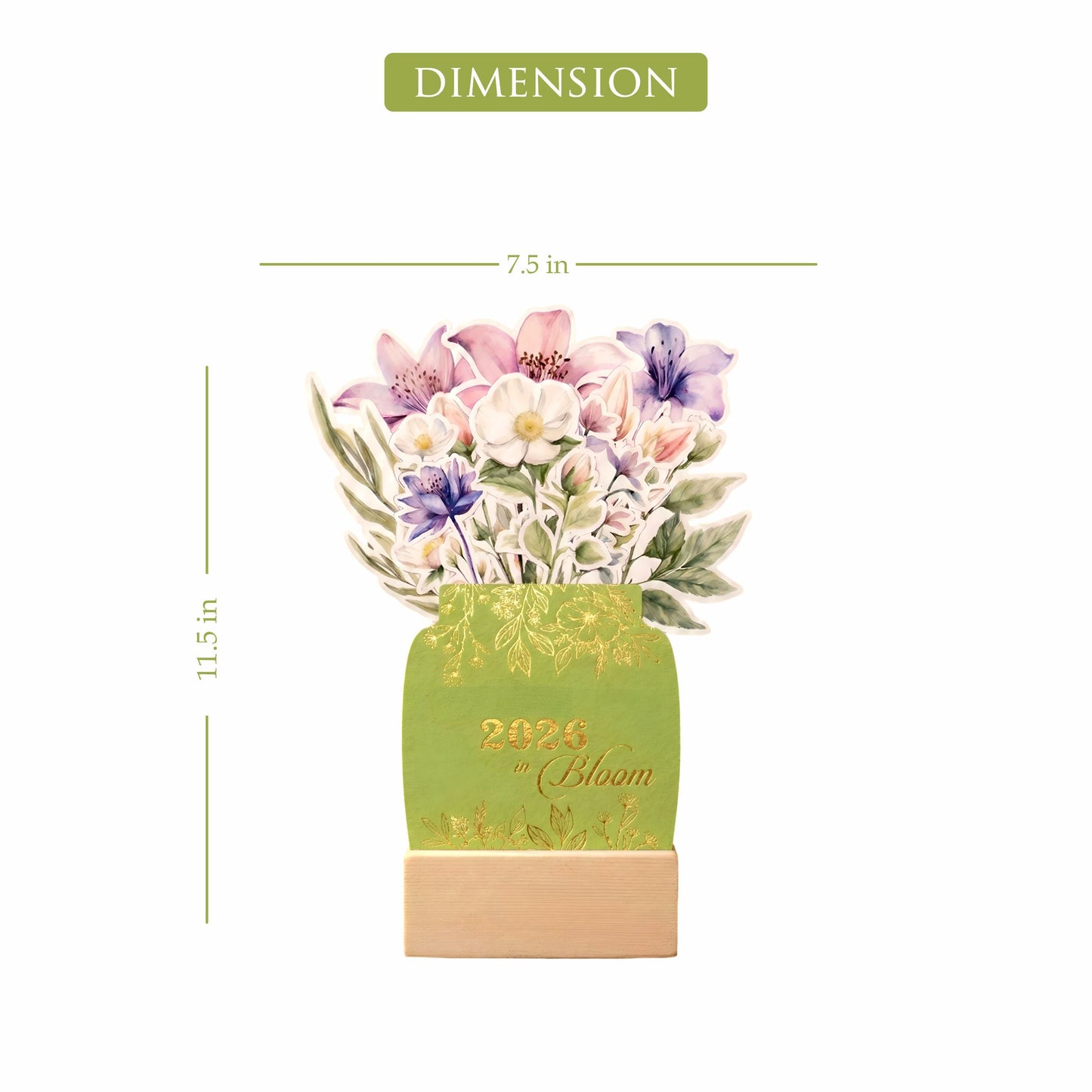 Customized 2026 Calendar for Desk – Floral Vase & Wooden Stand