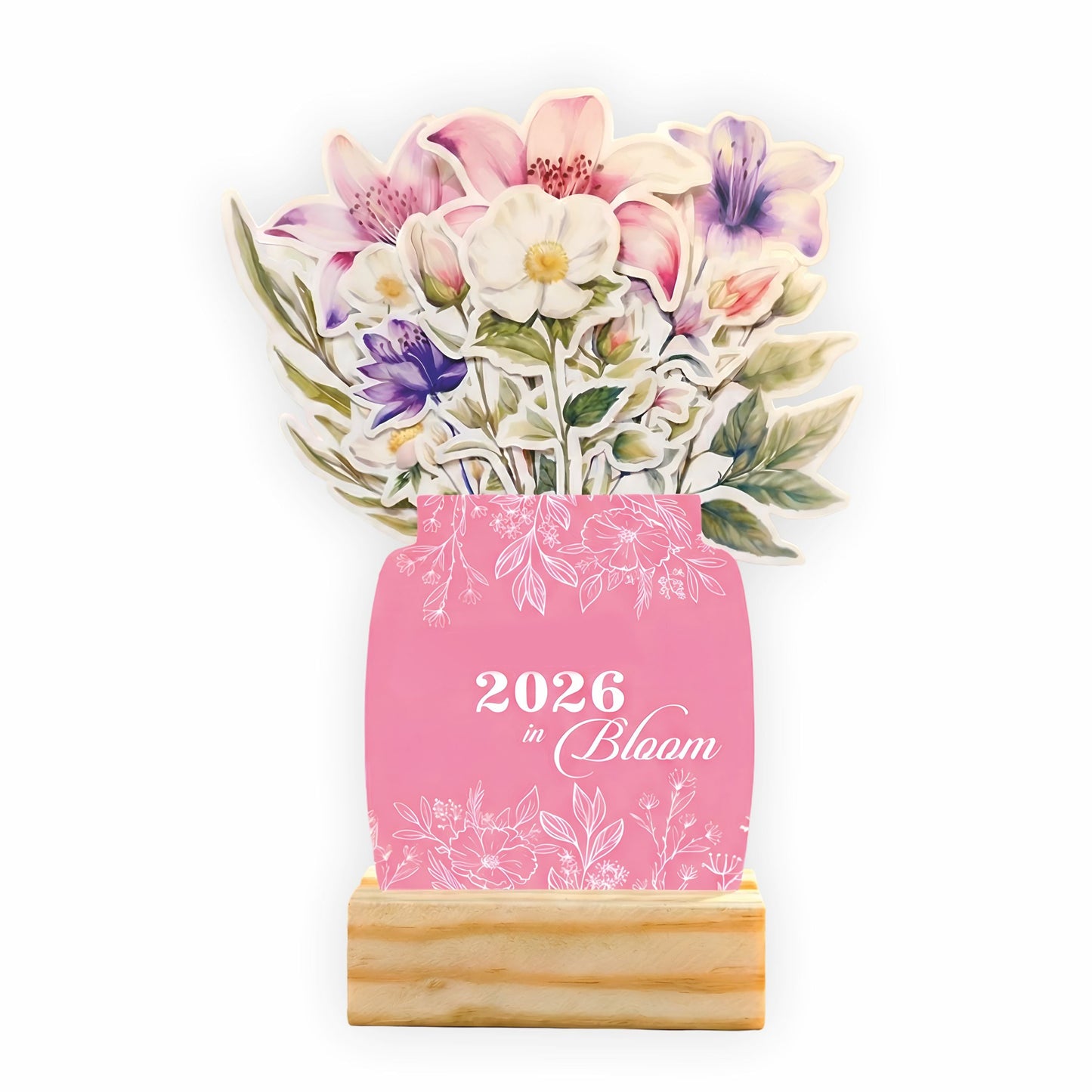 2026 Calendar for Desk – Floral Vase & Wooden Stand (Non-Customised)