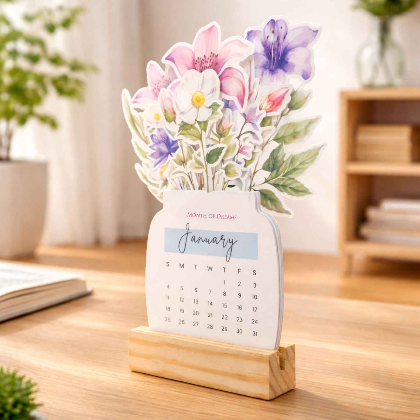 2026 Calendar for Desk – Floral Vase & Wooden Stand (Non-Customised)