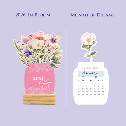 2026 Calendar for Desk – Floral Vase & Wooden Stand (Non-Customised)